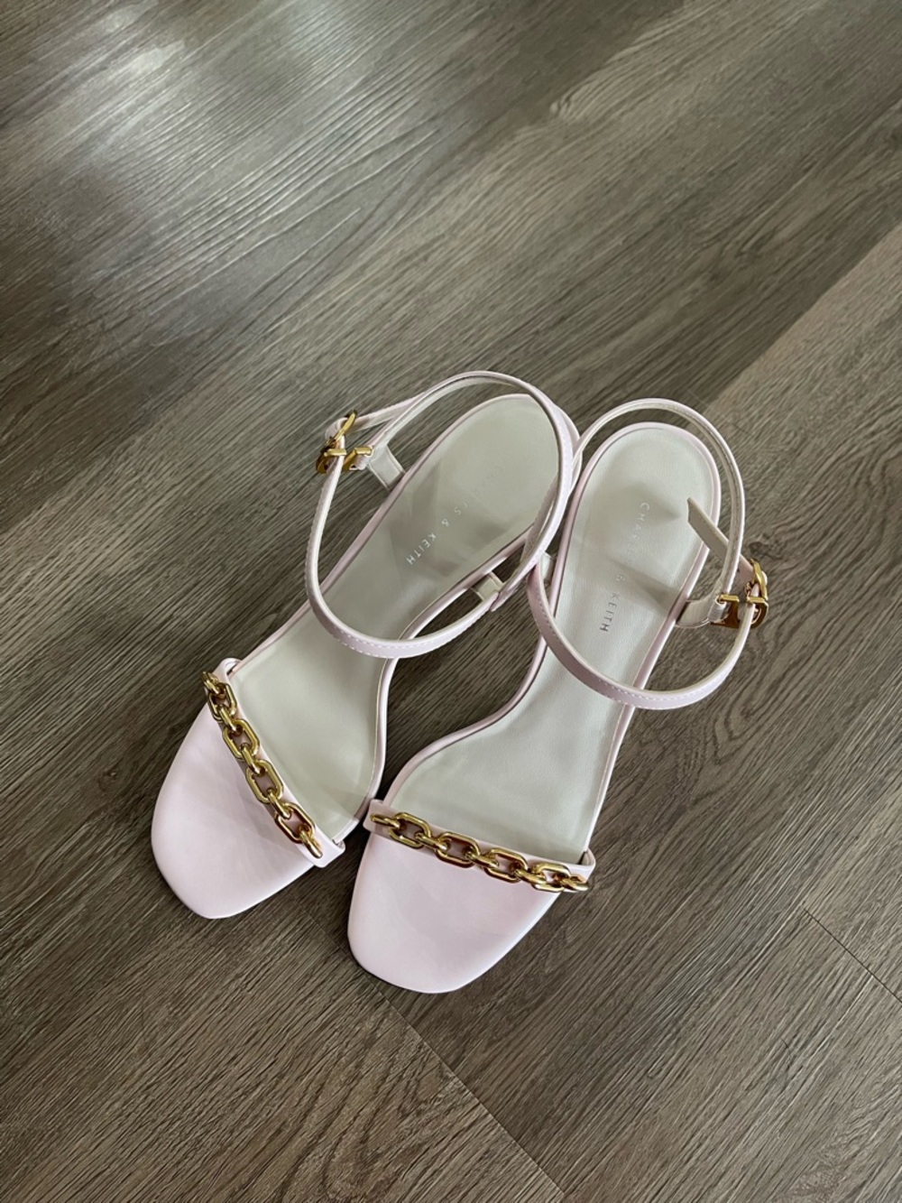 Charles & Keith Pale Pink Chain-Detail Ankle-Strap Heels